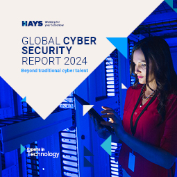 A blue image with a woman wearing a pink shirt and tapping into a tablet. On a light grey triangle there's the words: Global Cyber Security Report 2024