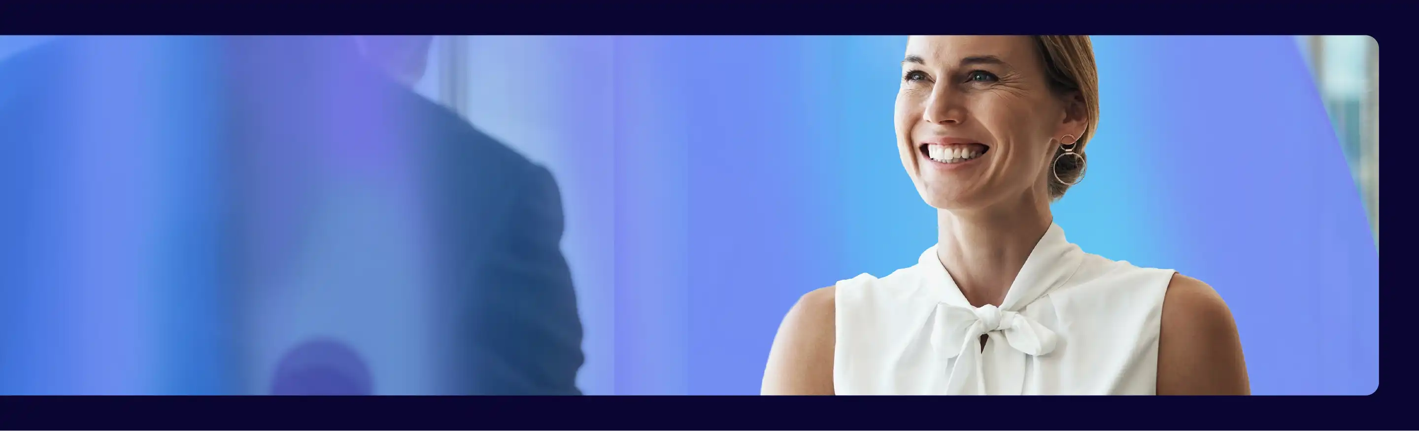 Professional banner with a blue gradient and a blurred figure on the left; on the right, a person in a sleeveless white blouse with a tie-neck detail faces left in a clean office setting.