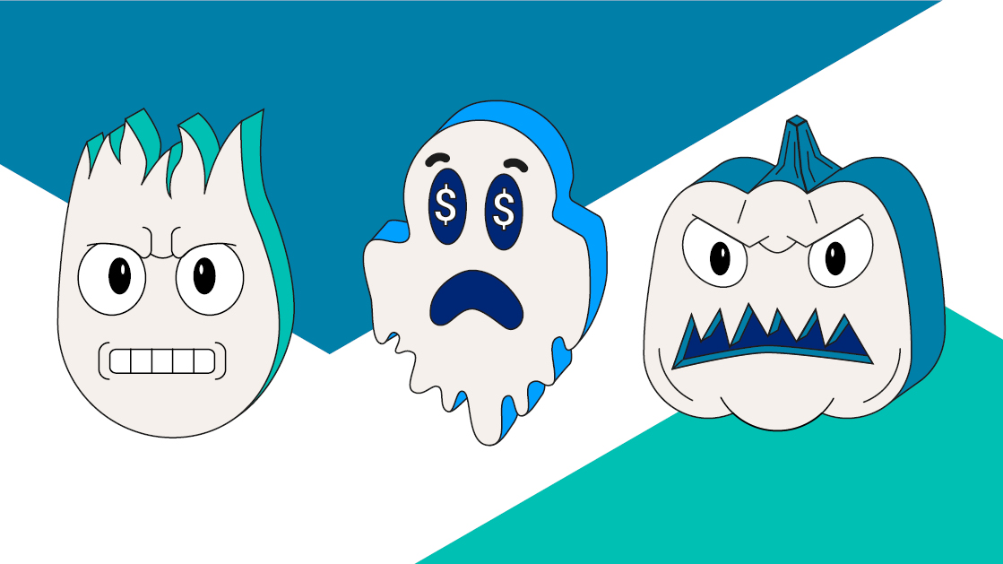 Trois icônes représentant un feu vert en colère, un fantôme et une citrouille sur un fond blanc, bleu et aqua.