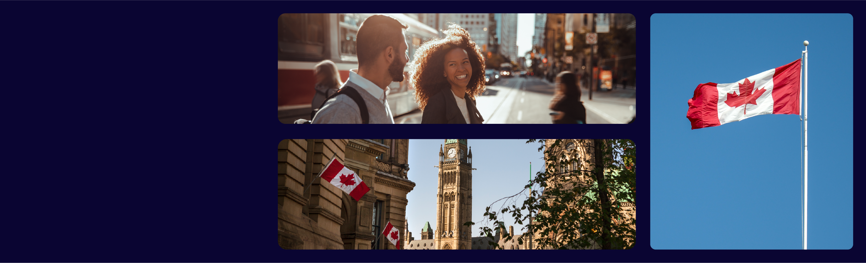 A collection of pictures including Canadian landscapes and the Canadian flag on a dark blue background.