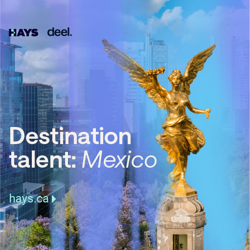 A picture of the golden statue: 'Ángel de la Independencia' on Mexico's famed avenue, Reforma. Behind it, multiple buildings, and to its left the words: Destination talent: Mexico.