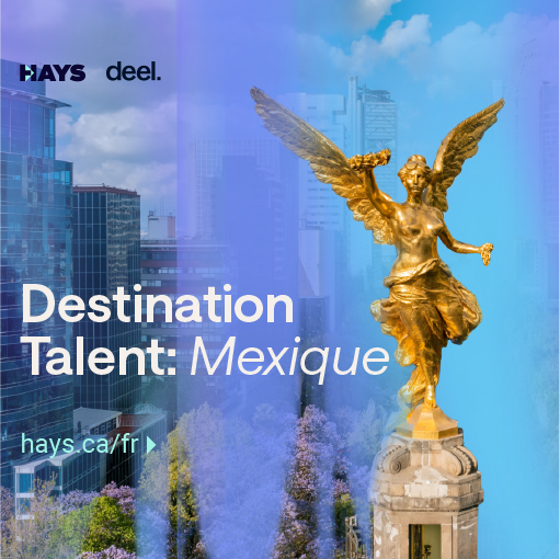 Une photo de la statue dorée «Ángel de la Independencia» sur la célèbre avenue Reforma au Mexique. Derrière elle, plusieurs bâtiments et, à sa gauche, les mots «Destination talent: Mexique».