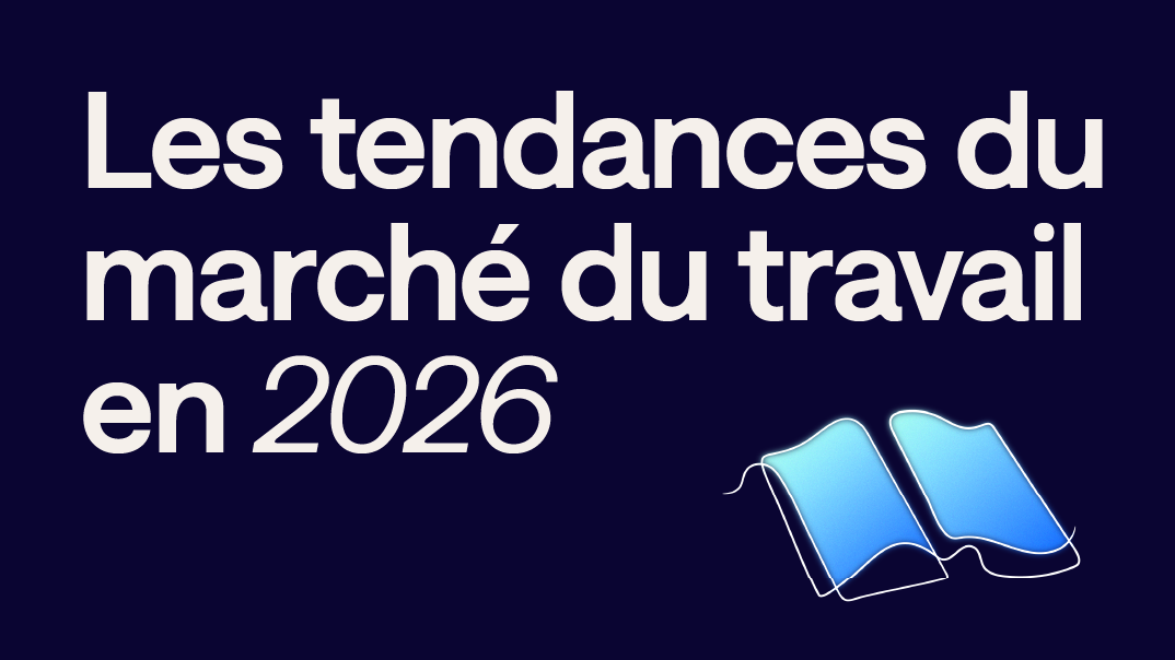 Un fond bleu foncé avec l'illustration d'un livre et le texte suivant en lettres blanches: Les tendances de marché du travail en 2026