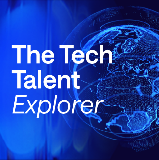 A blue digital globe with Europe and Africa with white words that say: The Tech Talent Explorer.