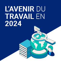 Une image bleue et blanche avec différentes icônes illustrées, notamment: un globe terrestre, une loupe, des serveurs, des icônes de messages et une icône d'homme, le tout dans différentes teintes de bleu. Le texte suivant en lettres blanches se trouve au-dessus: L'Avenir du travail en 2024
