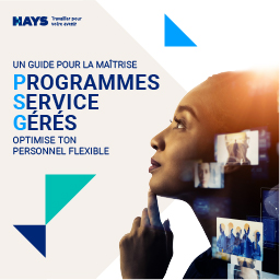 Une femme lève les yeux, une main sur le menton. Les mots sont inscrits en lettres bleues: Un guide pour maîtriser Programmes de Services Gérés: Optimisez ton personnel flexible