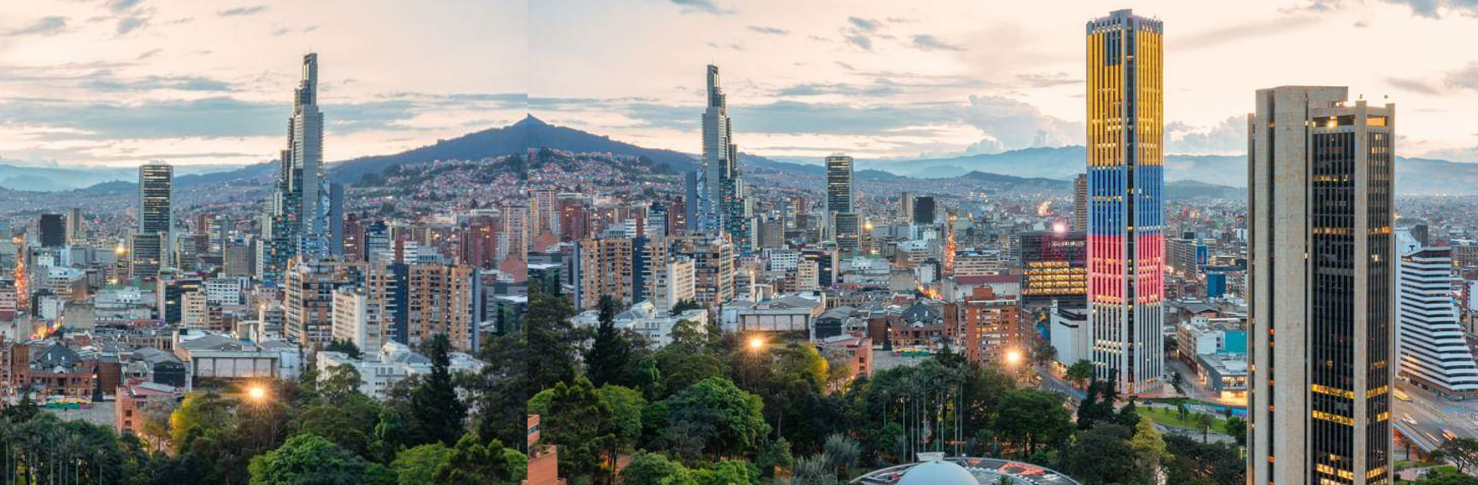  A picture of the Colombian city with several buildings. One of them is light up with the Colombian flag colors: Yellow, blue and red.