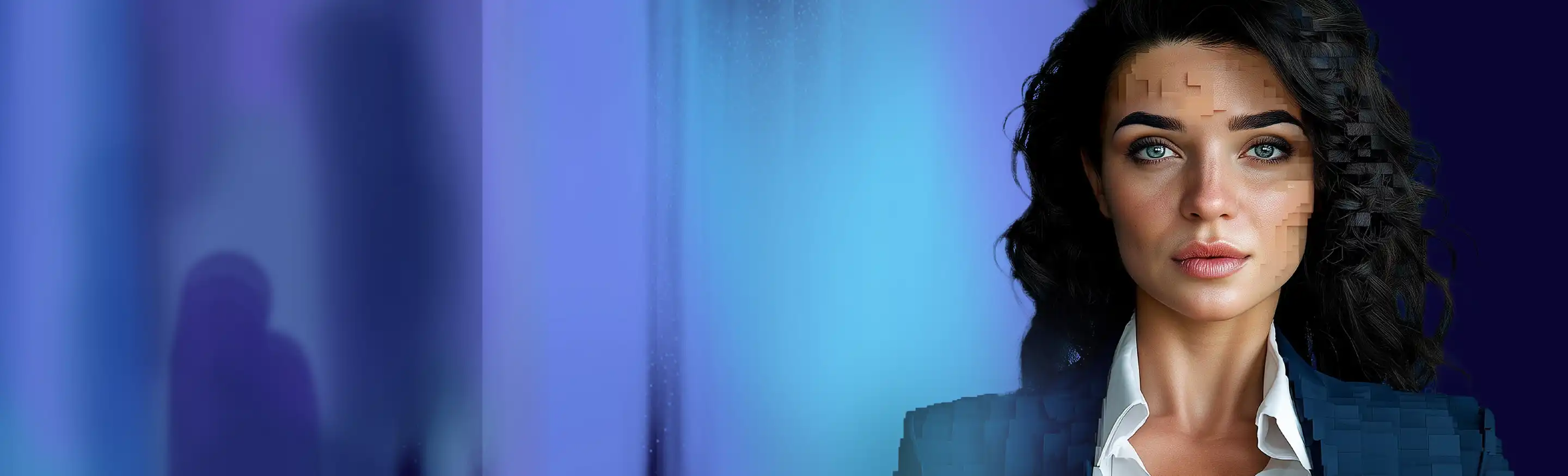 Une femme vêtue d'un tailleur sur un fond noir, bleu et violet.