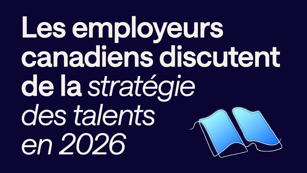Un fond bleu foncé avec une illustration de livre et les lettres blanches: Les employeurs canadiens discutent de la stratégie des talents en 2026.