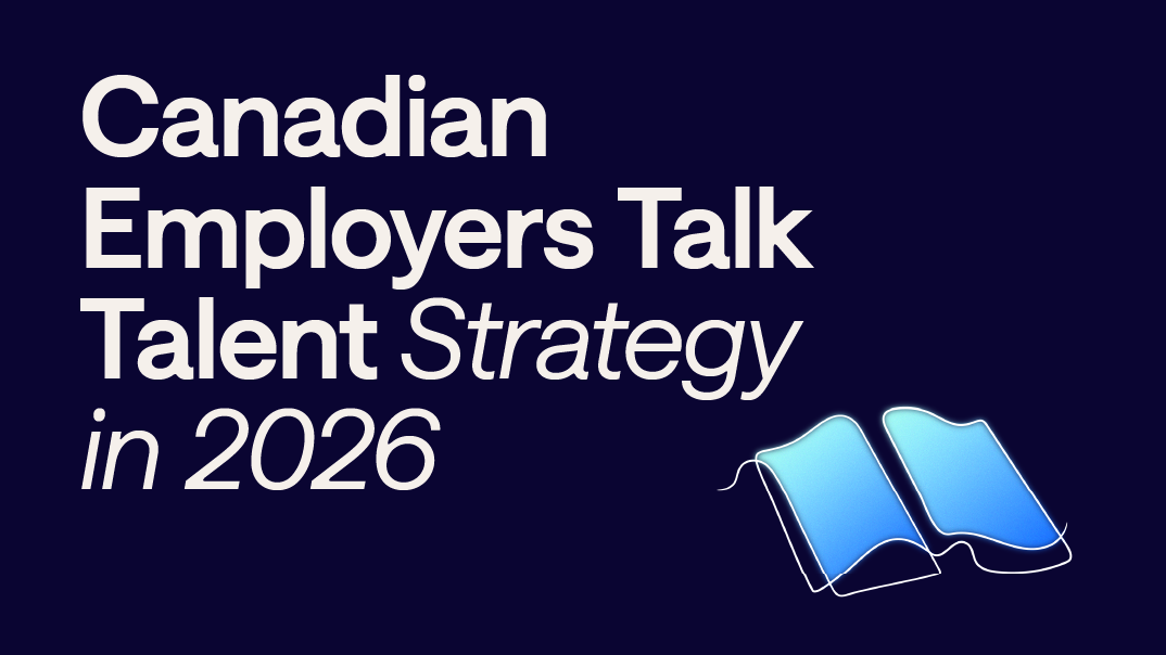  A dark blue background with a book illustration and the white letters: Canadian Employers Talk Talent Strategy in 2026.