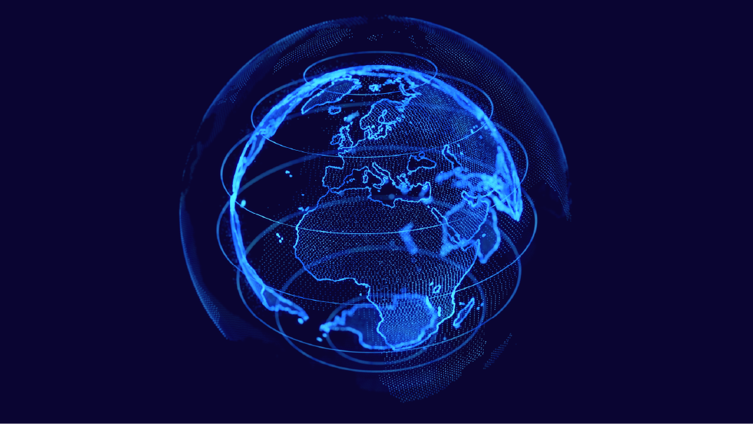 A digital representation of Earth with a dark blue background and the continents outlined in light blue lines including Europe, África, parts of Asia and South America.